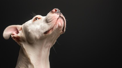 A white dog looking up at the sky