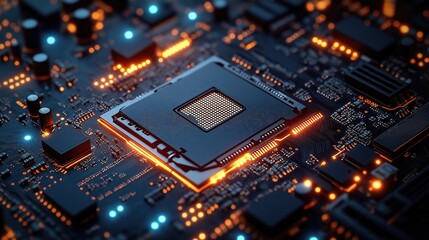 Obraz premium Closeup view of high-tech electronic circuit board. Glowing components highlight intricate circuit design. Advanced tech design. Modern tech components illuminated. Circuit board shows details.