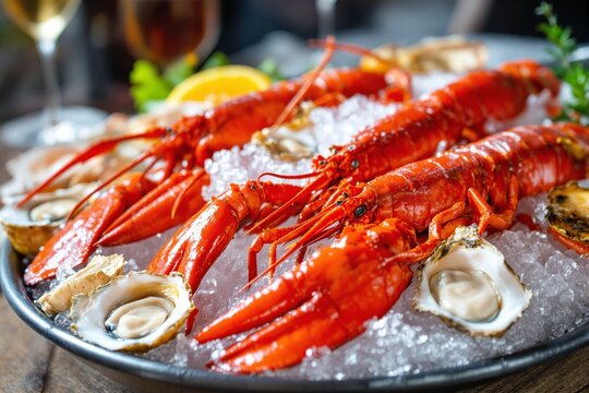 Freshly cooked red lobsters and oysters displayed on crushed ice, garnished with herbs and lemon slices, served on a seafood platter