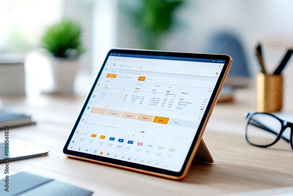 Poster digital planner interface review modern workspace tablet display minimalist environment overhead vie