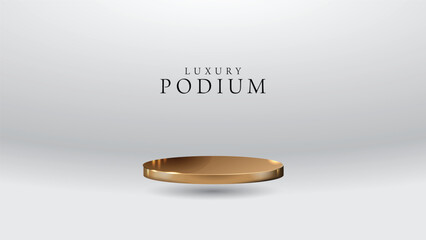 Beatiful golden stage, pedestal or podium in nude color paper studio. 3D illustration. Perfect background or mockup for cosmetics or fashion. Place your object or product on pedestal