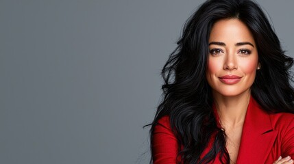 Fototapeta premium A woman in a red blazer posing for a picture