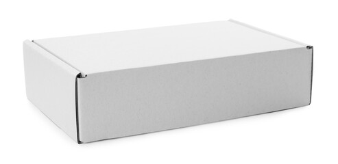 One closed cardboard box isolated on white. Mockup for design