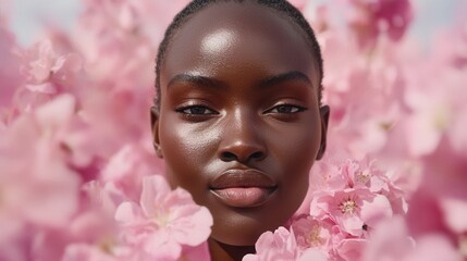 Obraz premium A woman standing in front of a field of pink flowers