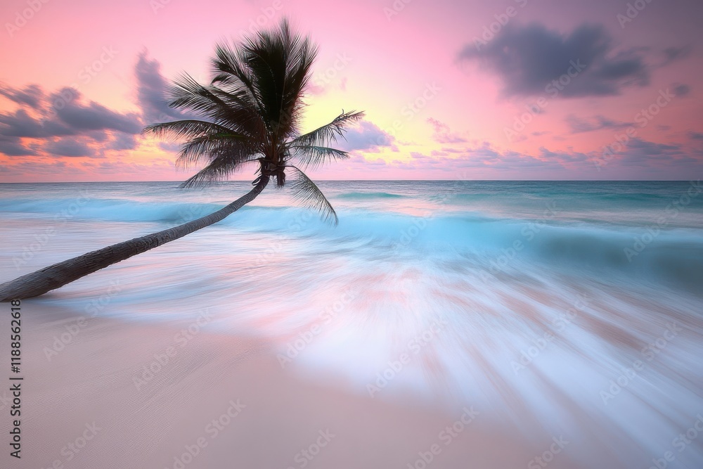 Poster a tranquil evening scene featuring a fallen coconut tree on a deserted shore, bathed in soft light a