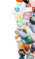 Different natural mineral stones isolated on white, top view