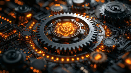 Cybernetic Heart: Intricate clockwork gears, glowing with warm orange light, form a mesmerizing central core, suggesting a powerful, complex system.