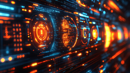 Naklejka premium Cybernetic Interface: Abstract digital display with glowing orange and blue HUD elements, intricate circuitry, and data streams. Perfect for tech, science fiction, and futuristic concepts. 