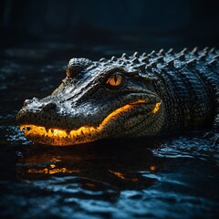 Obraz premium A glowing alligator in a world of shadows and liquid light, its eyes like burning stars.