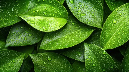 Fototapeta premium A close up of green leaves with water droplets on them