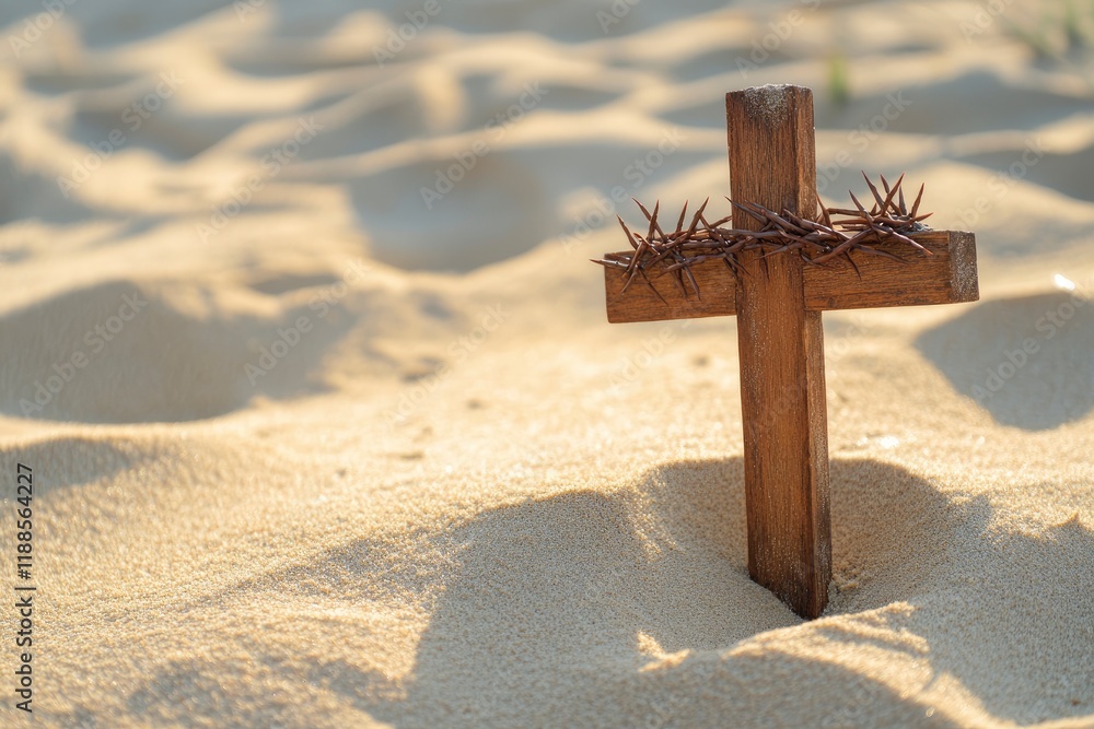 Wall mural Wooden cross with crown of thorns in the sand. Good Friday concept 