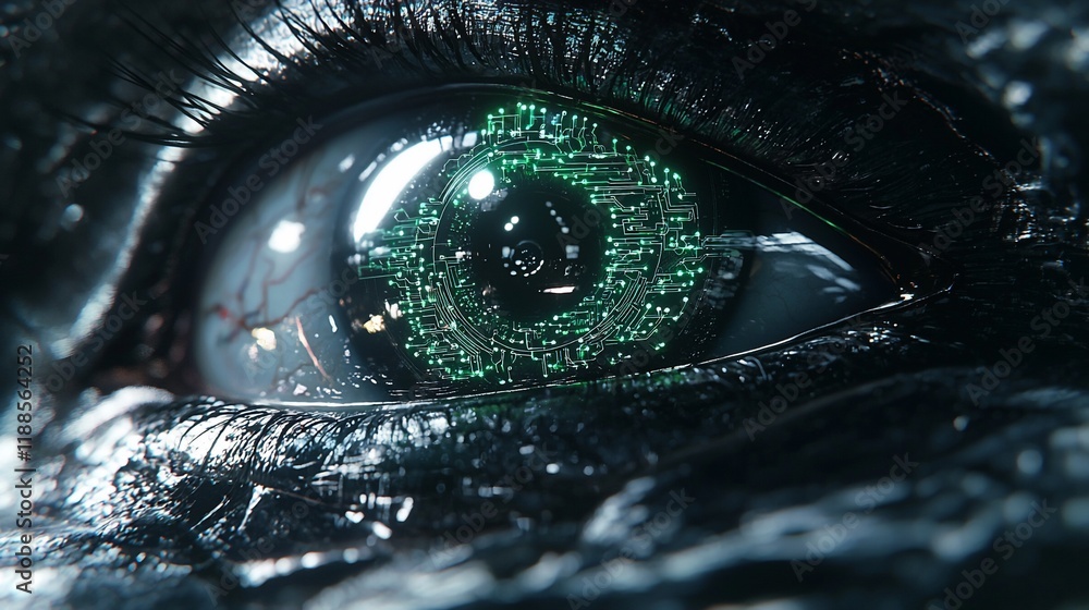 Poster Close-up of a futuristic eye with a green digital circuit pattern in the iris.