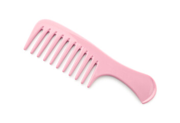 One pink plastic comb isolated on white, top view