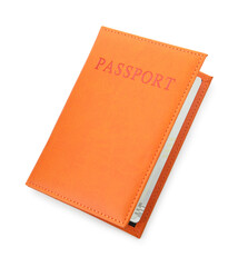 Passport in orange cover isolated on white, top view