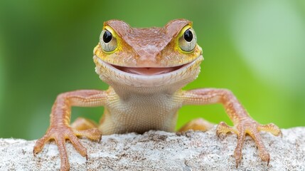 A close up of a gecko with a big smile on its face
