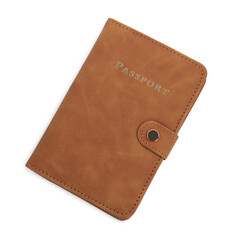 Passport in brown cover isolated on white, top view
