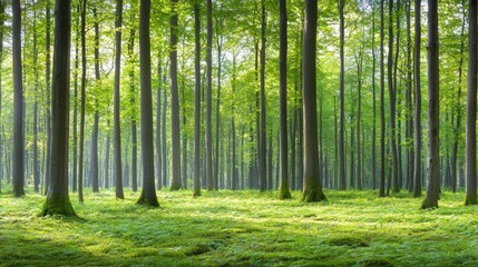 Obraz premium A forest filled with lots of tall trees and green grass
