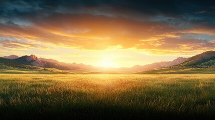 Obraz premium A field of grass with mountains in the background at sunset