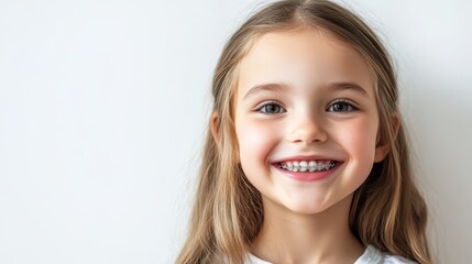 Fototapeta premium Close-up of happy girl showing her orthodontic appliance and healthy smile with space for text