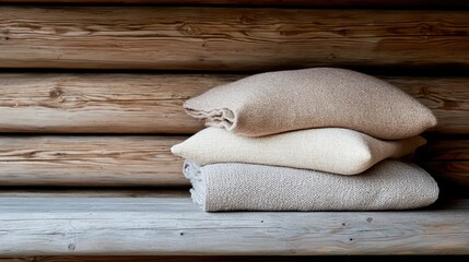 A stack of blankets sitting on top of a wooden bench