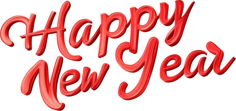 Happy new year red text isolated on transparent background, calligraphy handwriting Happy new year png