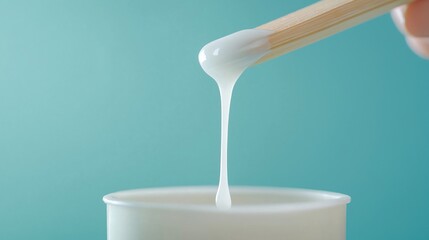 Close-up view of white glue dripping from wooden stick. Glue flows smoothly down stick, into white container. Teal blue background. Ideal for craft projects product features. Macro photo viscosity of