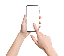 Woman with modern smartphone on white background, closeup