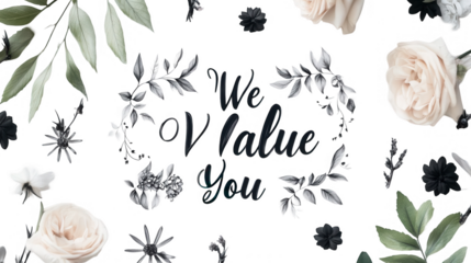 Employee Appreciation Day-themed elegant card with 'We Value You' message, perfect for workplace gratitude, isolated on white, PNG file, transparent background.
