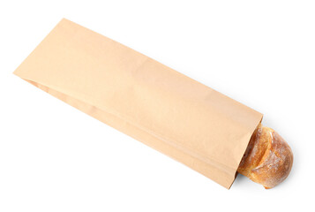 Paper bag with fresh baguette isolated on white, top view