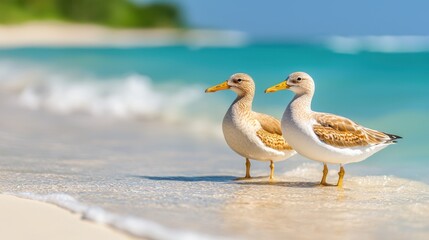 Fototapeta premium two birds standing on the beach near the ocean