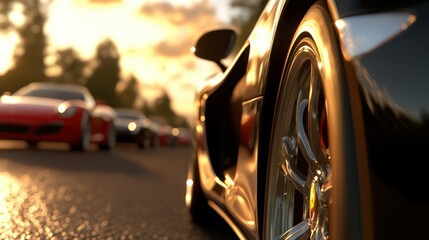 Naklejka premium A row of cars driving down a road at sunset