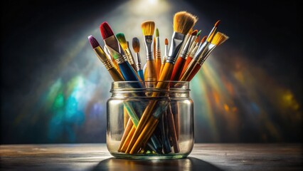 Low-light still life: glass jar, paintbrushes, art tools, stark white backdrop.