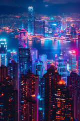 Fototapeta premium Twilight Vista over Dazzling Neon Cityscape: Urban Beauty meets Natural Splendor