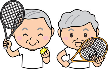 笑顔でテニスを楽しむ高齢の男性と女性