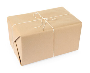 One parcel box wrapped in paper isolated on white
