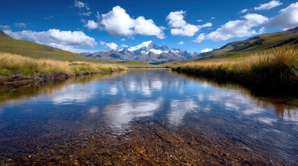 Fototapeta premium A small river in the middle of a grassy field with mountains in the background