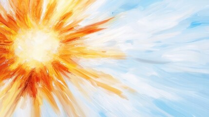A painting of a sun with a blue sky in the background