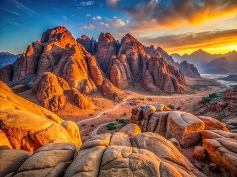 Majestic Egyptian dawn: Stone mountains bathed in sunrise's golden light, a breathtaking landscape.