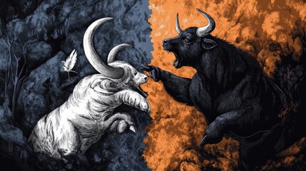 Dynamic Bull Conflict in Black and White with Orange Background