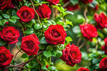 Obraz premium Miniature garden thrives with blood-red roses, curling vines, ivy thorns, and green leaves, captured in tilt-shift macro detail.