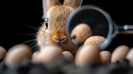 Obraz premium A rabbit looking through a magnifying glass at eggs