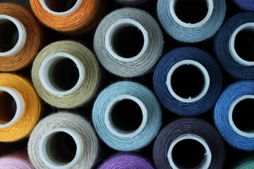 Spools of colorful sewing threads as background, top view