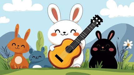 Fototapeta premium A group of rabbits playing a guitar in a field