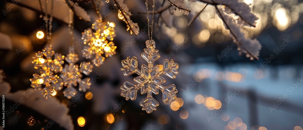 Poster an overhead and an up-close picture of the outside snowflake ornaments sparkling at night on the tre