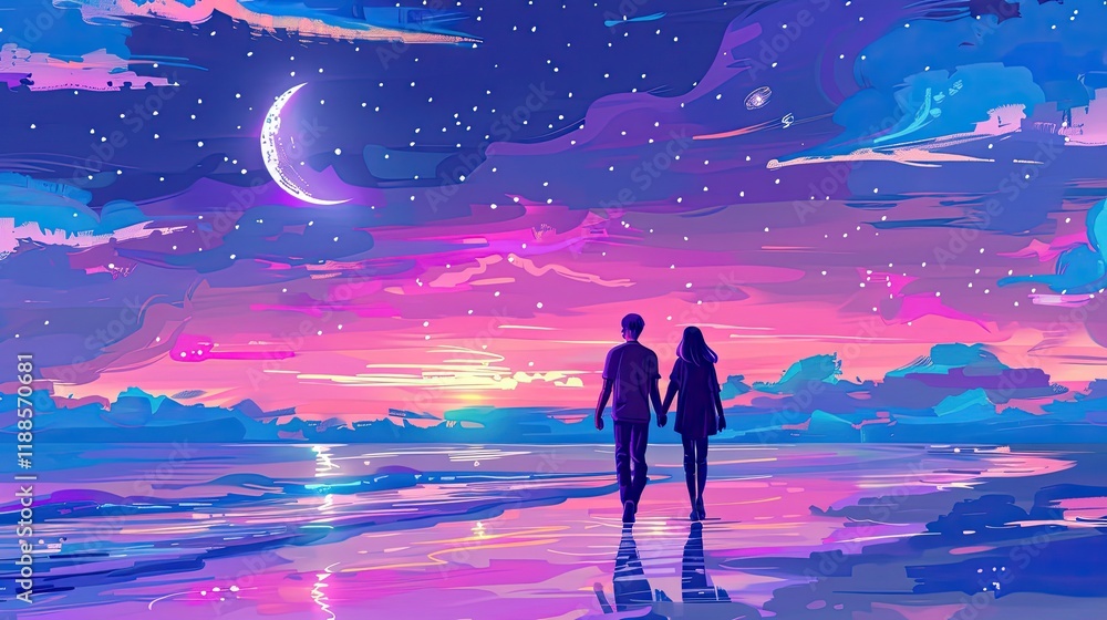 Wall mural A couple holding hands and walking on the beach