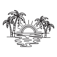 Summer sunset tropical beach line art vector illustration, hand drawn sunset and sunrise outline landscape tropical beach, palm tree with sunset waves Nature view, Kids drawing Beach coloring pages
