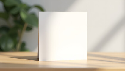 Blank greeting card on a wooden table with a minimalistic and serene mood
