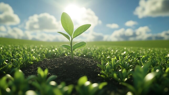 A young plant emerging from the earth, surrounded by a flourishing green field under the sunlight.
