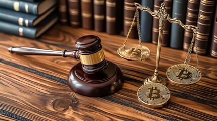 Gavel and Bitcoin Scales Representing Cryptocurrency Law and Justice