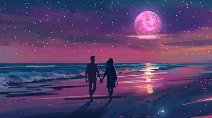 Obraz premium A man and woman walking on the beach under a starry sky